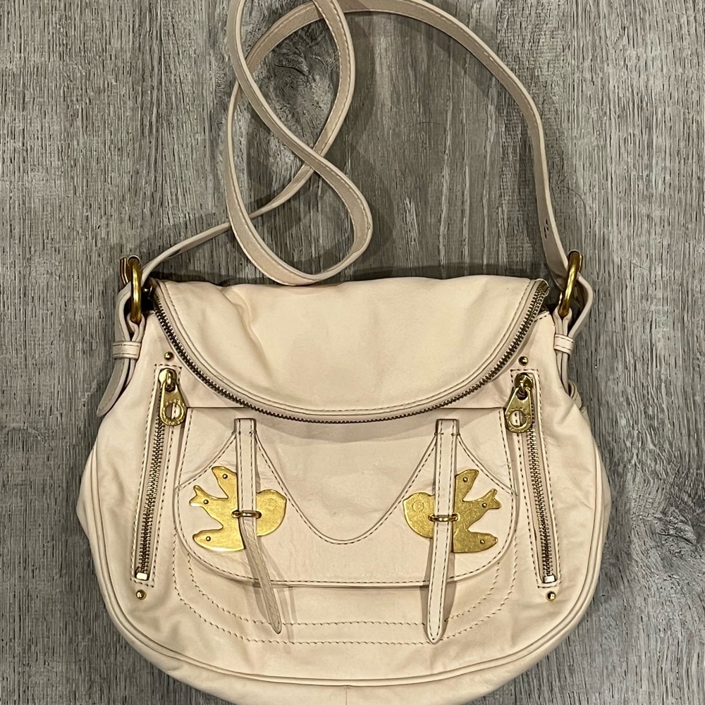 Marc Jacobs Cream Leather Crossbody Bag with Gold Accents- pedal to the metal